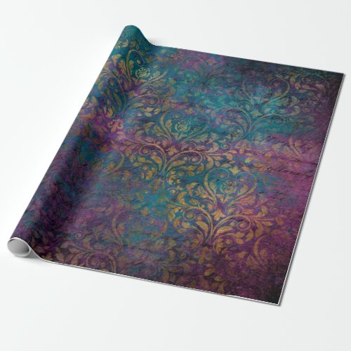 Gold Damask Purple Pink Teal Wrapping Paper