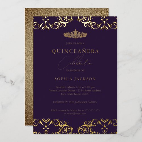 Gold Damask Purple Quinceanera 15th Birthday  Foil Invitation