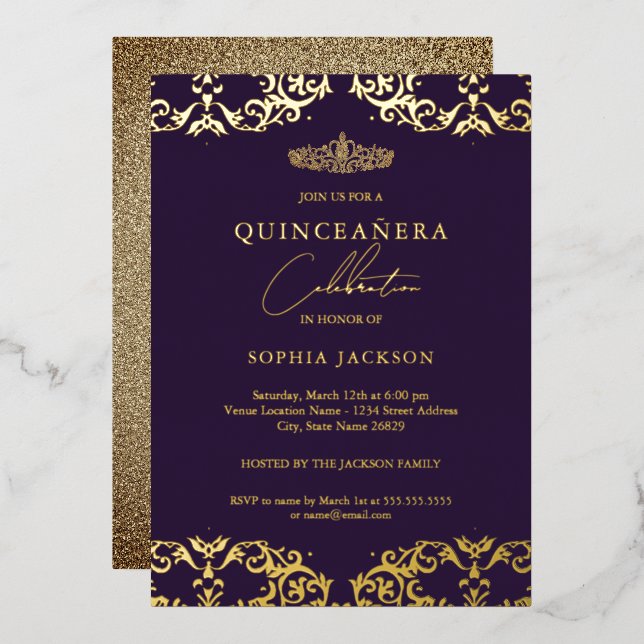 Gold Damask Purple Quinceanera 15th Birthday  Foil Invitation (Front/Back)