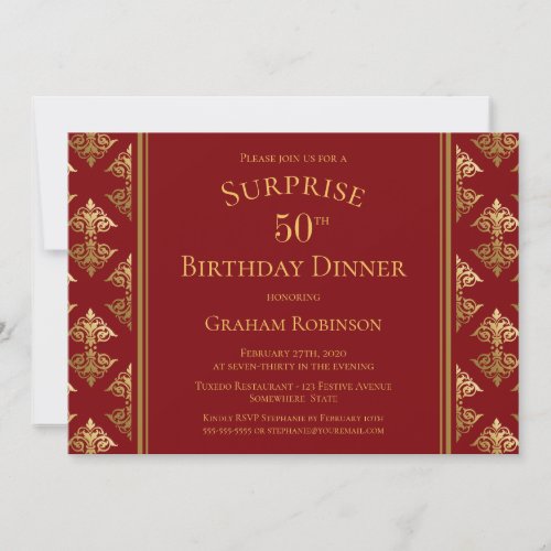 Gold Damask Red Surprise 50th Birthday Dinner Invitation