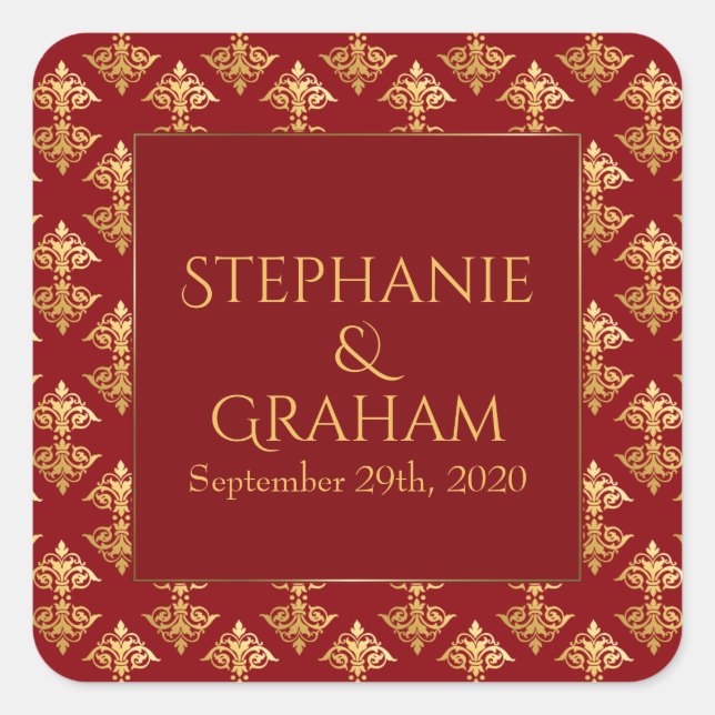 Gold Damask Red Wedding Square Sticker (Front)