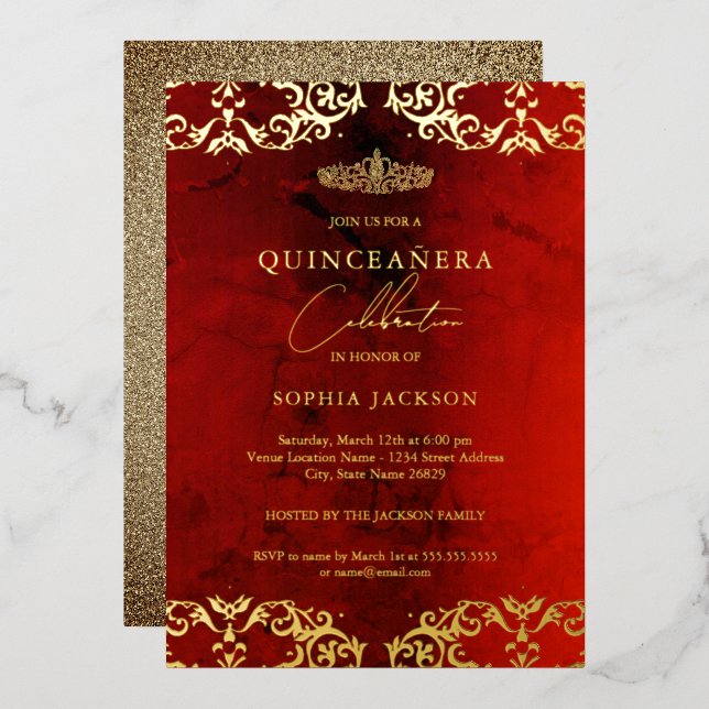 Gold Damask Ruby Red Quinceanera 15th Foil Invitation (Front/Back)
