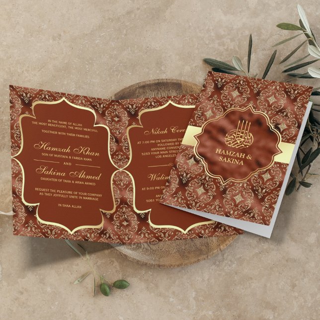 Gold Damask Rust Orange Islamic Muslim Wedding Invitation (Creator Uploaded)