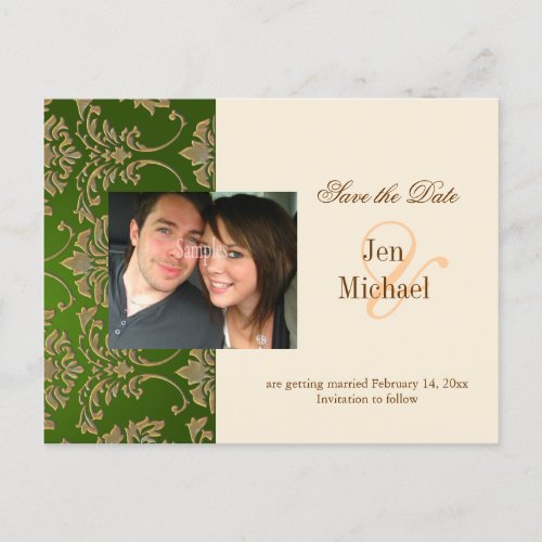 Gold damask Save the Date Photo postcards Announcement Postcard