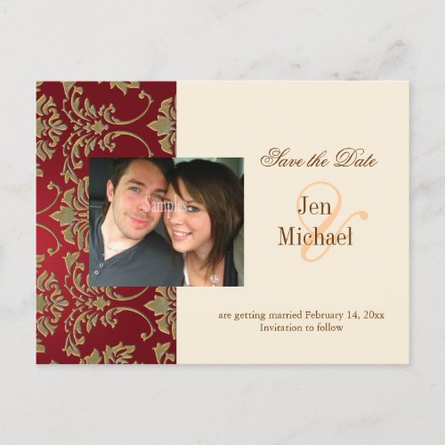 Gold damask Save the Date Photo postcards Announcement Postcard