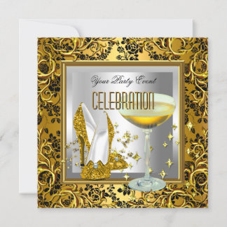 Gold Damask Silver High Heel Shoes Champagne Invitation