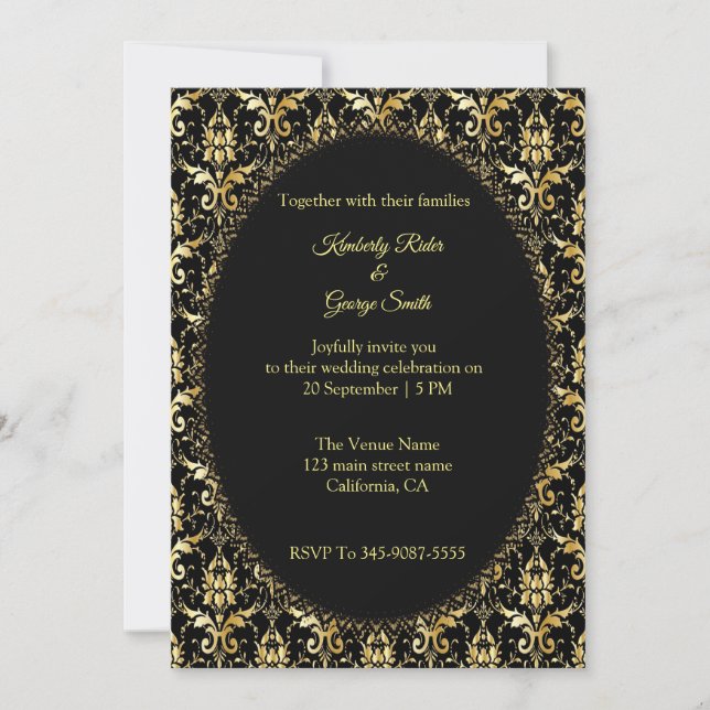 Gold Damask Style Wedding Invitations (Front)