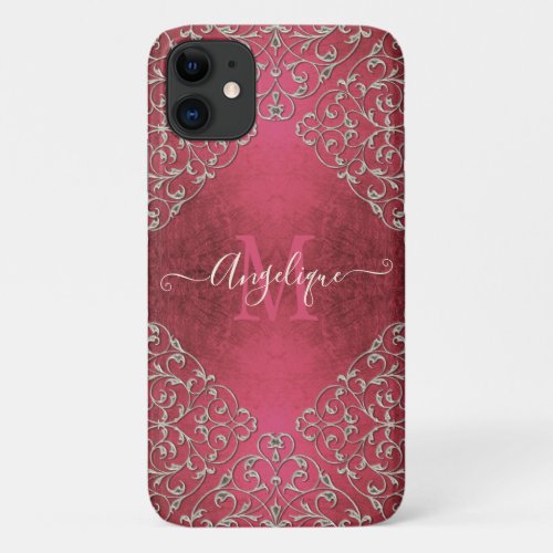 Gold Damask Swirl Hot Pink Elegant Name Monogram iPhone 11 Case