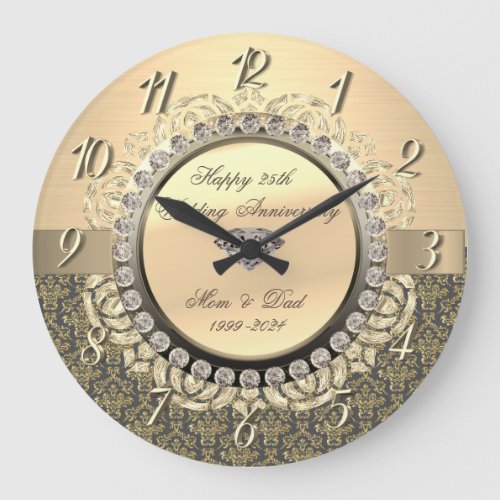 Gold  Damask Swirls 25th Wedding Anniversary Large Clock