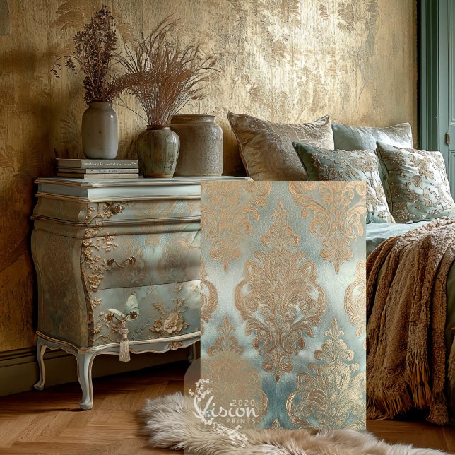Gold Damask, Textured Effect, Mint Sage Green Tissue Paper (Jacquard Effect Damask Patterns, Mint Sage Green and Gold Decoupage Tissue Paper)