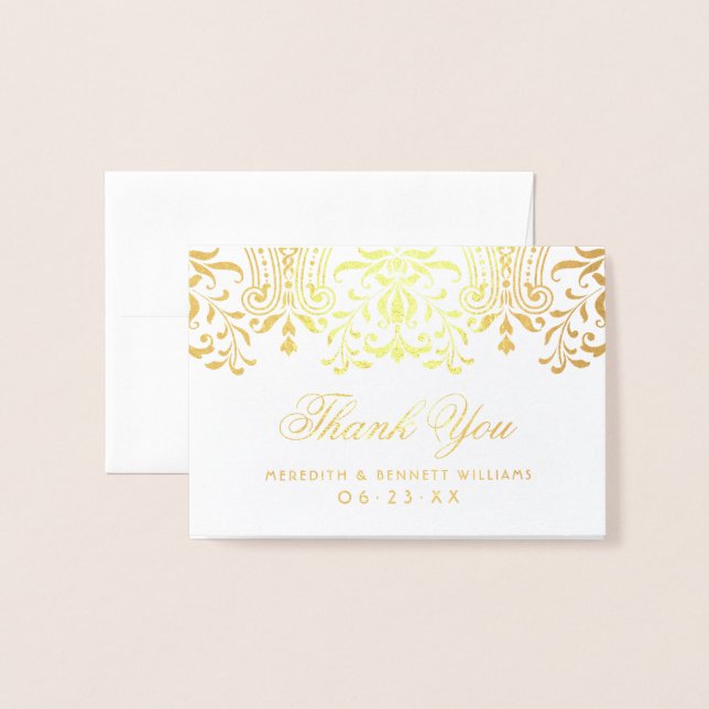 Gold Damask Thank You Monogram Wedding Foil Card (Front With Envelope)
