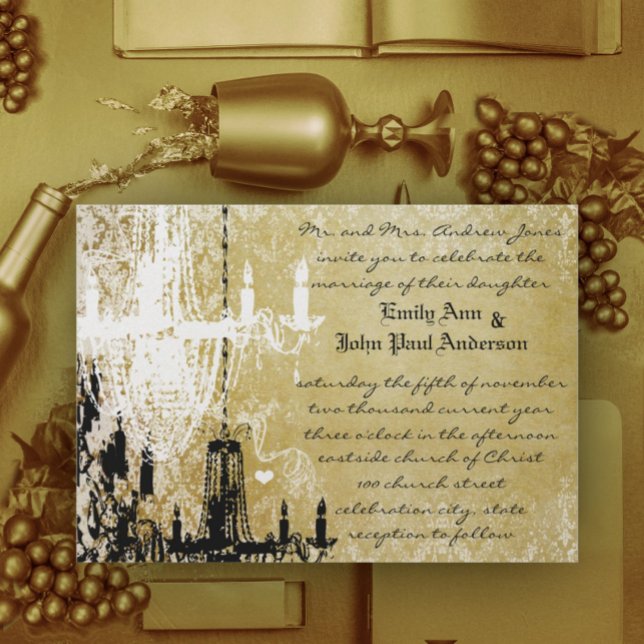 Gold Damask Vintage Chandelier Wedding Invitation (Creator Uploaded)
