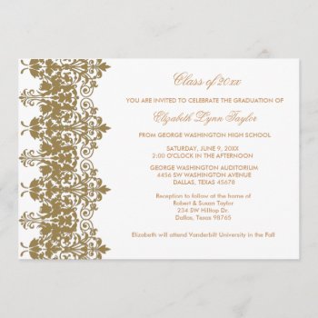 Gold Damask & White Graduation Announcement by decembermorning at Zazzle