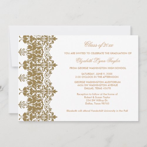 Gold Damask &amp; White Graduation Announcement
