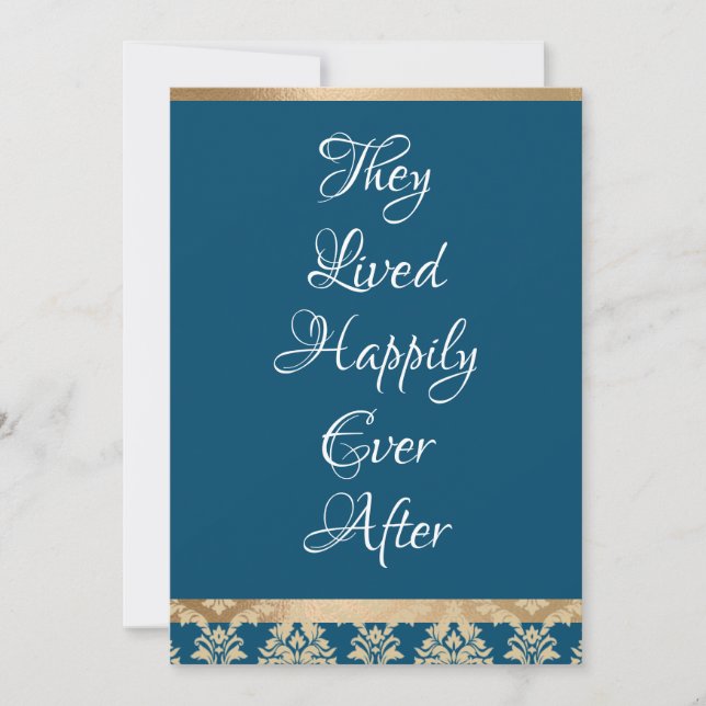 Gold Damask White Script Blue Happily Ever Wedding Thank You Card (Front)