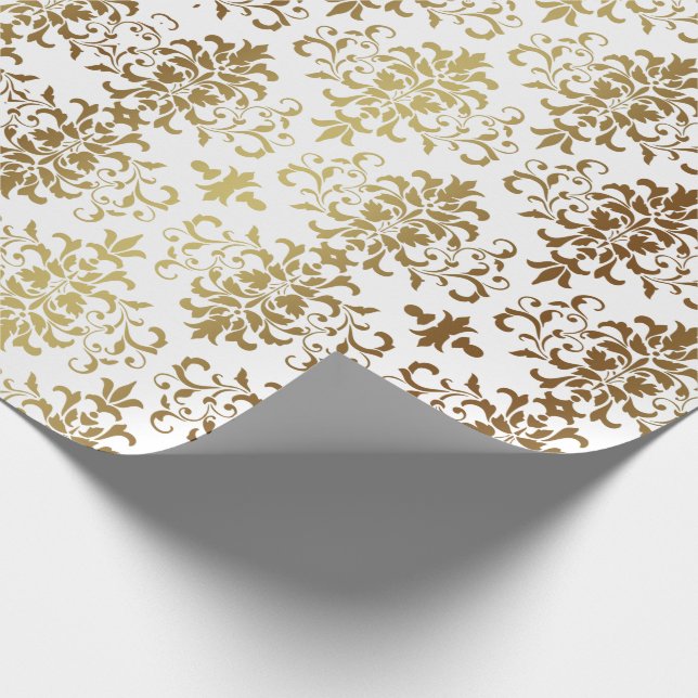 Gold Damask White Script Elegant Wrapping Paper (Corner)