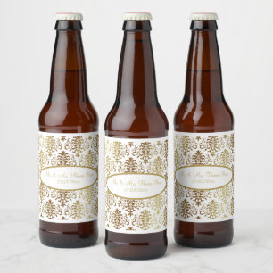 Gold Damask White Script Wedding Elegant Beer Bottle Label