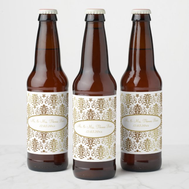 Gold Damask White Script Wedding Elegant Beer Bottle Label (Bottles)