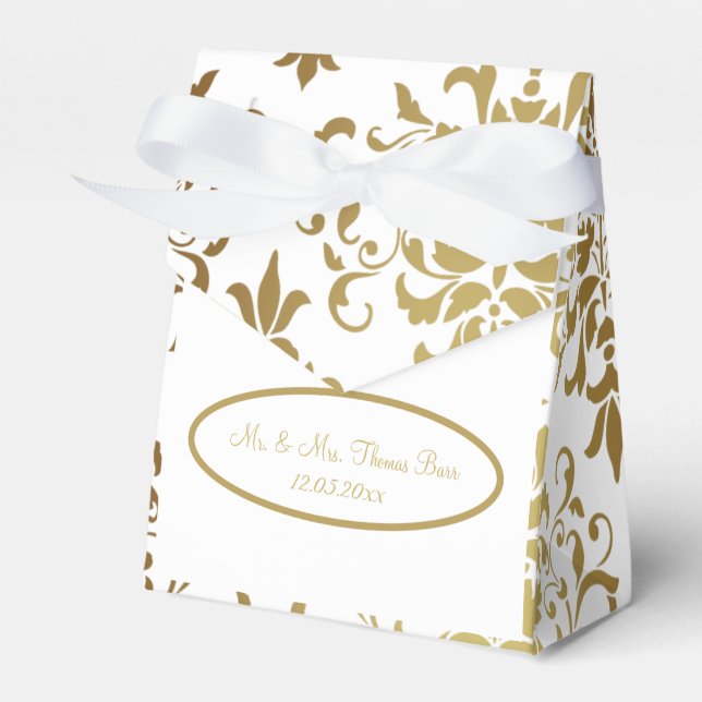 Gold Damask White Script Wedding Elegant Favor Boxes (Front Side)