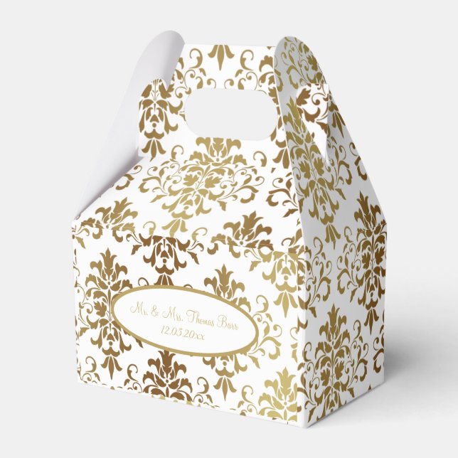Gold Damask White Script Wedding Elegant Favor Boxes (Front Side)