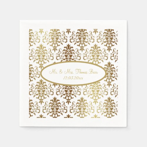 Gold Damask White Script Wedding Elegant Napkins