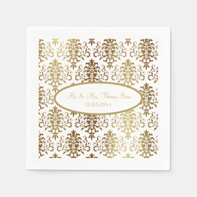 Gold Damask White Script Wedding Elegant Napkins (Front)
