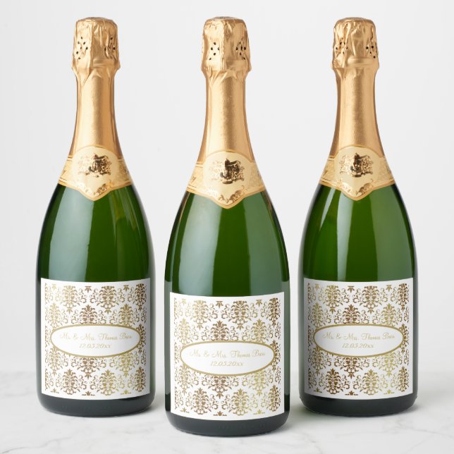 Gold Damask White Script Wedding Elegant Sparkling Wine Label (Bottles)