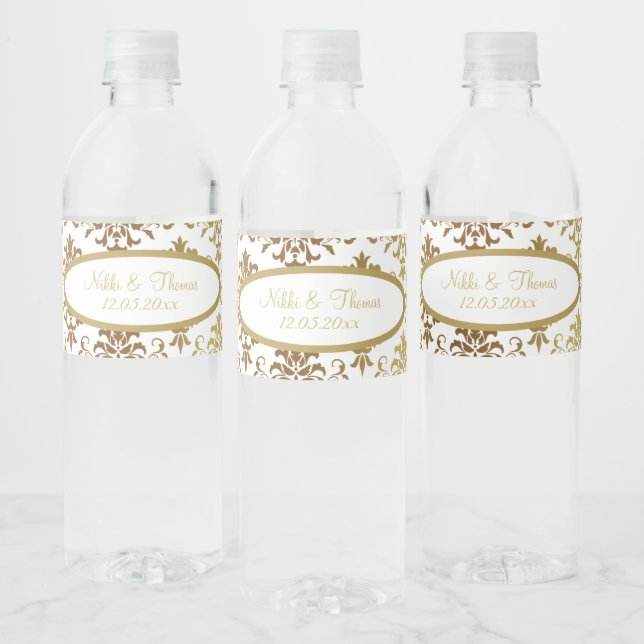 Gold Damask White Script Wedding Elegant Water Bottle Label (Bottles)