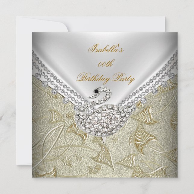 Gold Damask White Swan Elegant Birthday Party Invitation (Front)