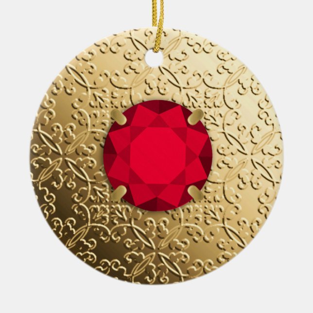 Gold Damask with a fake garnet gemstone Ceramic Ornament (Front)