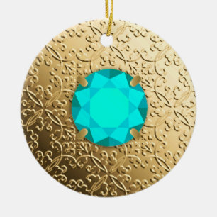 Gold Damask with a faux aquamarine gemstone Ceramic Ornament