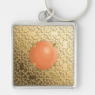Gold Damask with a faux coral gemstone Keychain