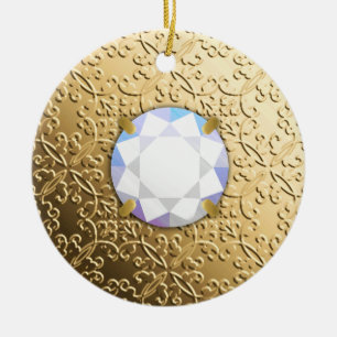 Gold Damask with a faux diamond gemstone Ceramic Ornament