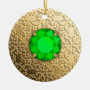 Gold Damask with a faux emerald gemstone Ceramic Ornament