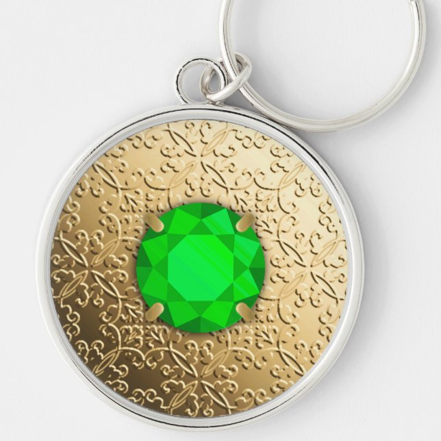 Gold Damask with a faux emerald gemstone Keychain (Front)