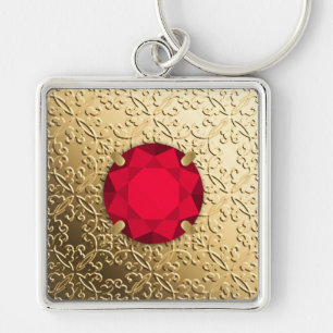 Gold Damask with a faux garnet gemstone Keychain