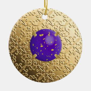 Gold Damask with a faux lapis lazuli gemstone Ceramic Ornament
