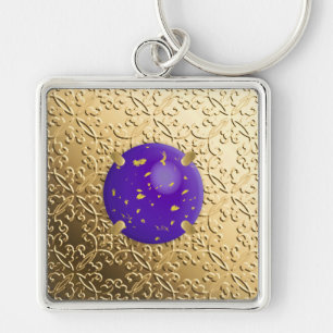 Gold Damask with a faux lapis lazuli gemstone Keychain
