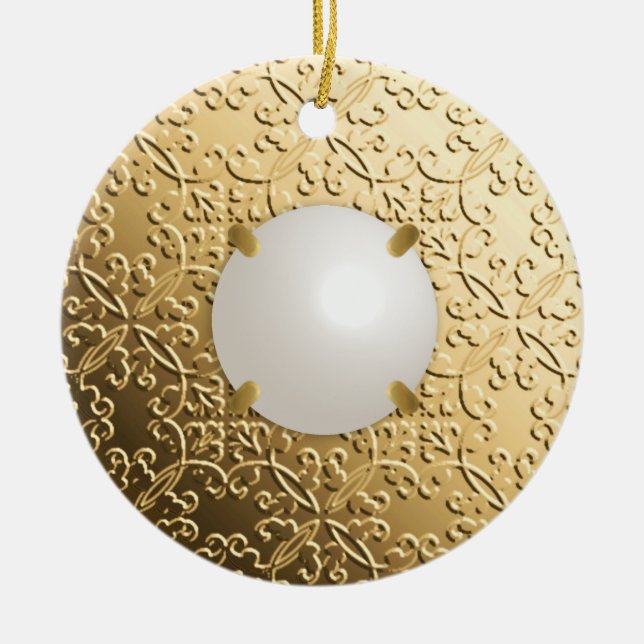 Gold Damask with a faux mabe pearl Ceramic Ornament (Front)
