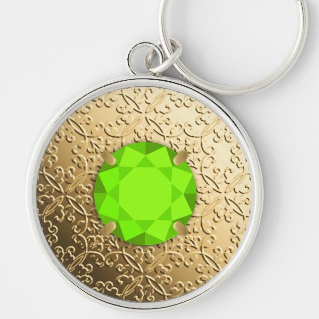 Gold Damask with a faux peridot gemstone Keychain (Front)