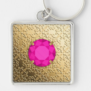 Gold Damask with a faux pink tourmaline gem Keychain