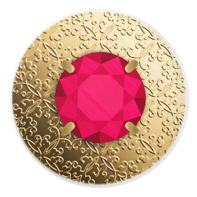 Gold Damask with a faux ruby gemstone Ceramic Knob (Front)