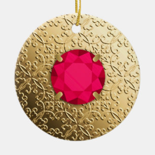 Gold Damask with a faux ruby gemstone Ceramic Ornament