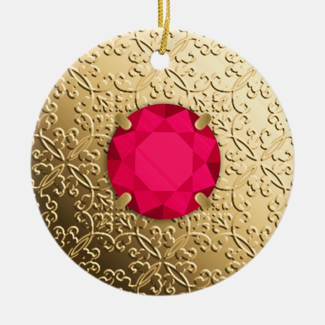 Gold Damask with a faux ruby gemstone Ceramic Ornament (Front)