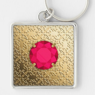 Gold Damask with a faux ruby gemstone Keychain