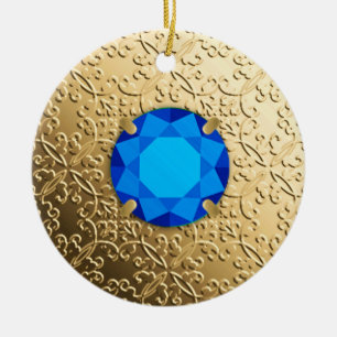 Gold Damask with a faux sapphire gemstone Ceramic Ornament