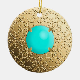 Gold Damask with a faux turquoise gemstone Ceramic Ornament