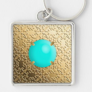 Gold Damask with a faux turquoise gemstone Keychain