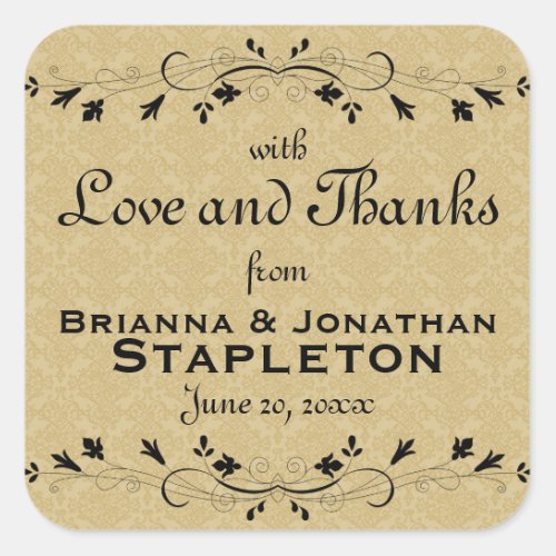 Gold Damask with Black Lettering Wedding Stickers