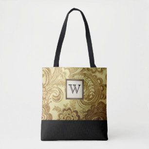 Gold Damask with Black Monogram Tote Bag